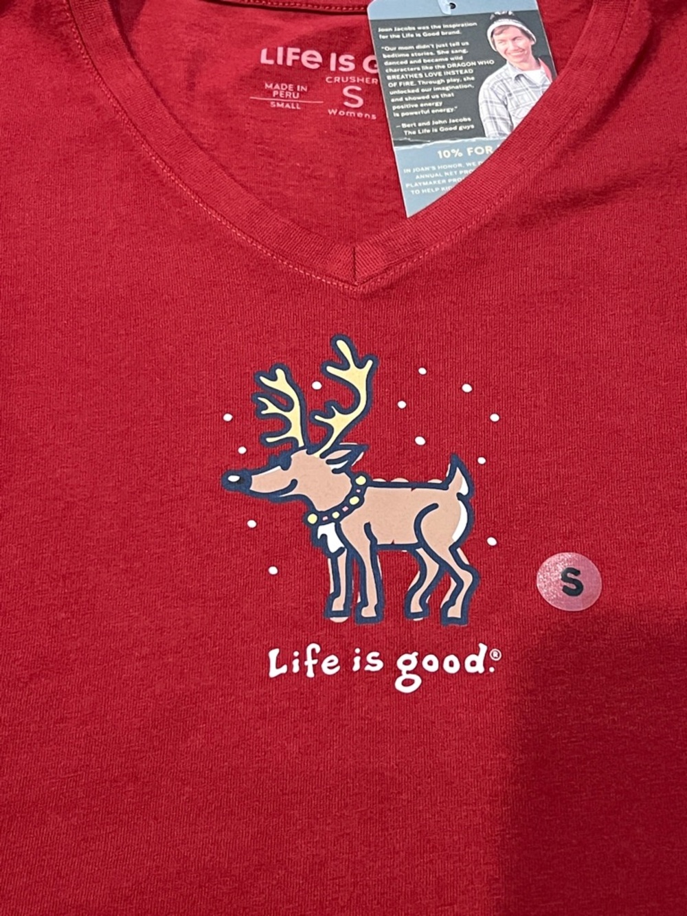 NWT Life Is Good Red Womens V-Neck Tee with Reindeer Graphic